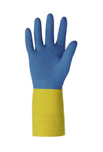 Load image into Gallery viewer, Blue Neoprene over Yellow Latex Dishwashing Glove 28 mil Flock Lined 13&quot;
