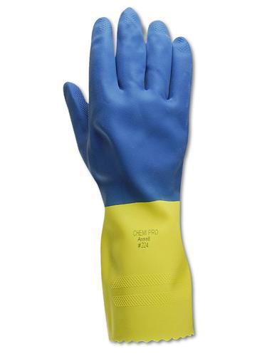 Blue Neoprene over Yellow Latex Dishwashing Glove 28 mil Flock Lined 13