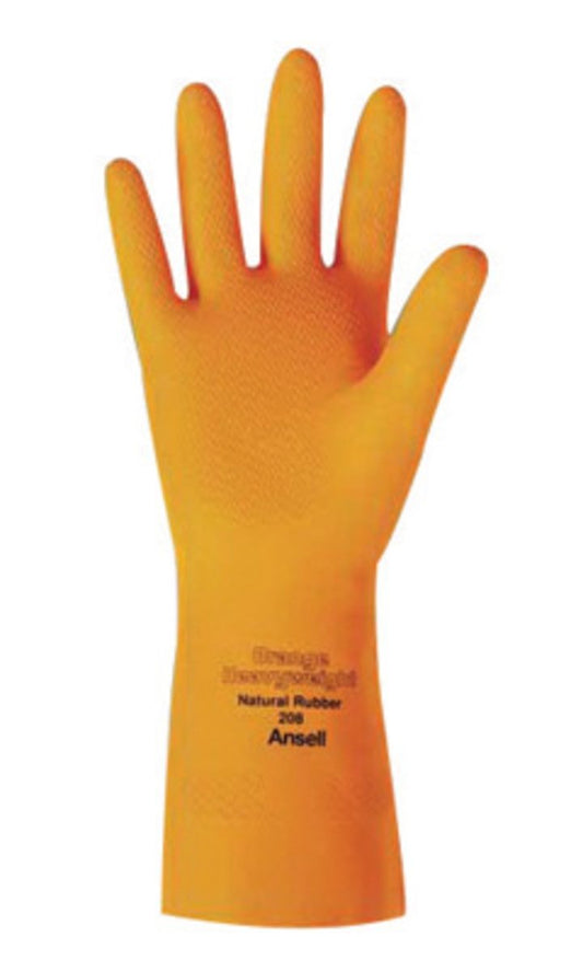 Ansell 208 Orange Flocklined Latex/Neoprene Heavyweight Chemical Resistant Dishwashing Gloves 28 mil (12 Pairs)